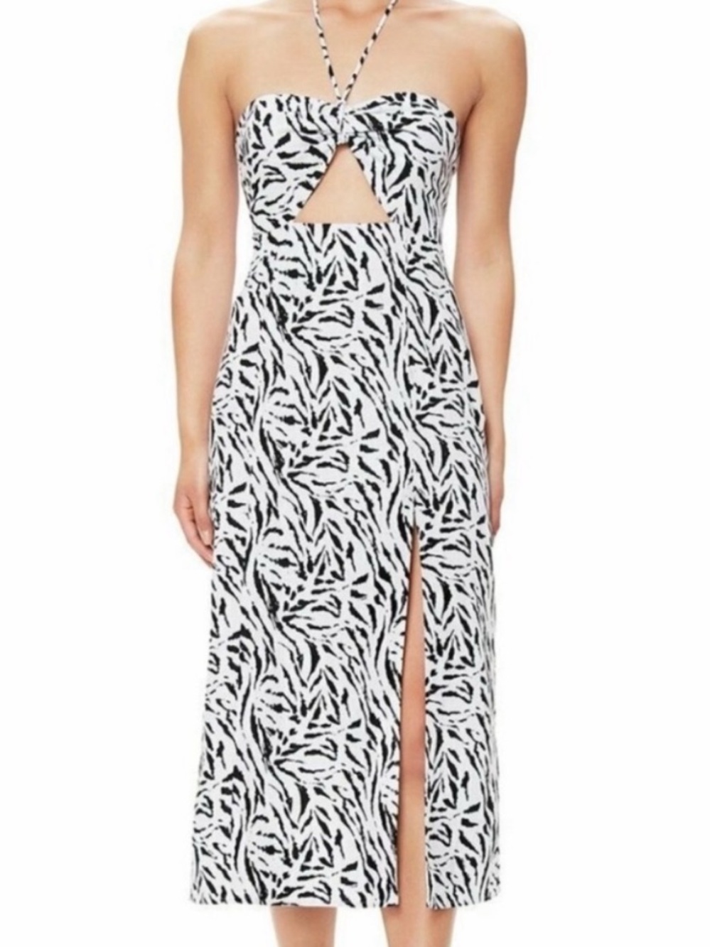 Afrm zebra print linen blend tie neck midi dress